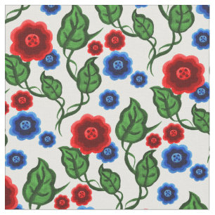 Red/blue flowers/green leaves/Folk  floral Fabric
