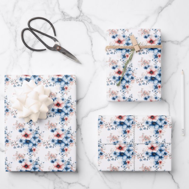 Red & Blue Flowers on White Wrapping Paper Sheet (Front)
