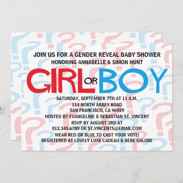 Red & Blue Gender Reveal Baby Shower Party Invites (Front/Back)