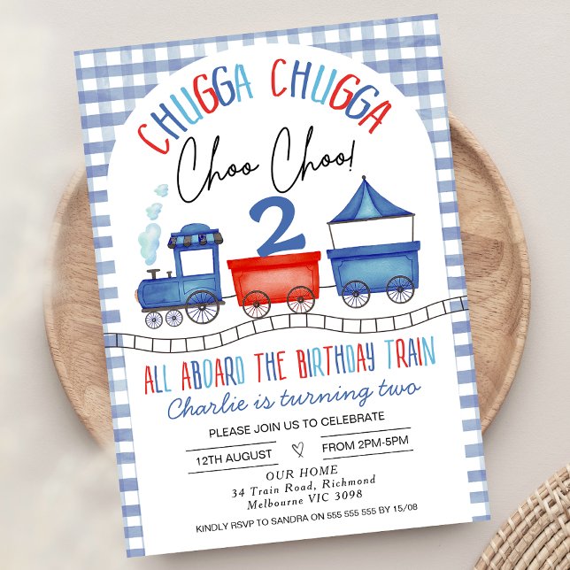 Red Blue Gingham Chugga Chugga Train Birthday Invitation (Printable Red Blue  Train Themed Birthday Invitation for Baby Boy, Chugga Chugga Choo Chool Train)