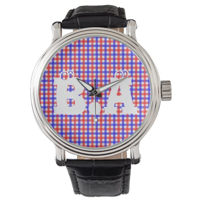 Red Blue Gingham Plaid Pattern Watch (Front)