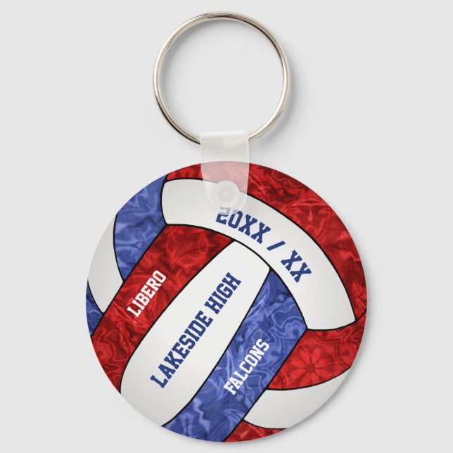 red blue girly volleyball w school team name key ring (Front)