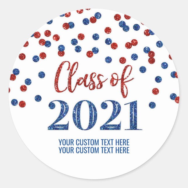Red Blue Glitter Confetti Graduation 2021 Classic Round Sticker (Front)