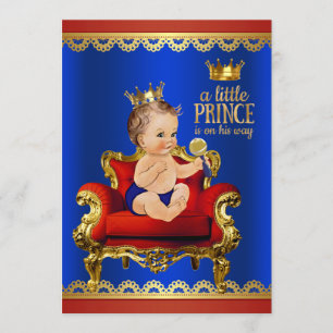 Red Blue Gold Chair Brunette Prince Baby Shower Invitation