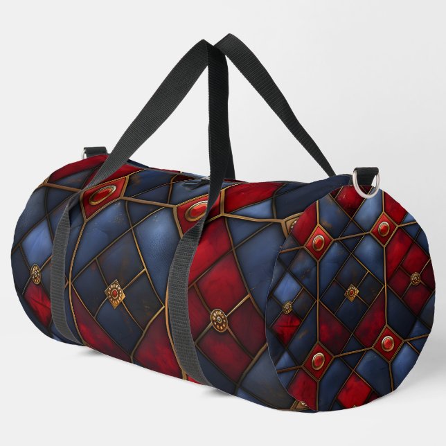 RED BLUE GOLD DIAMOND MOSAIC PATTERNS DUFFLE BAG (Left Corner)