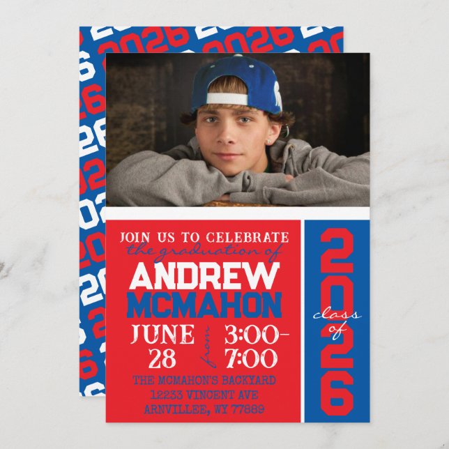 Red & Blue Graduation Photo Invitation (Front/Back)