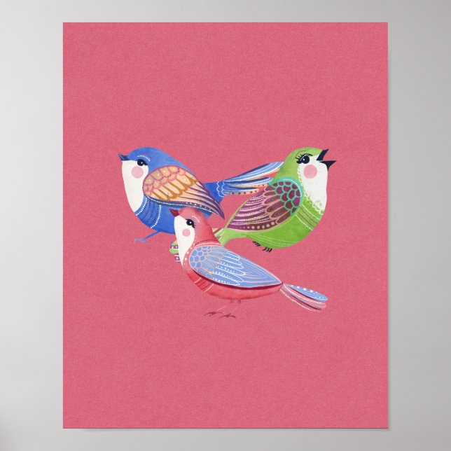 Red Blue Green Birds Folk Art Wall Art (Front)