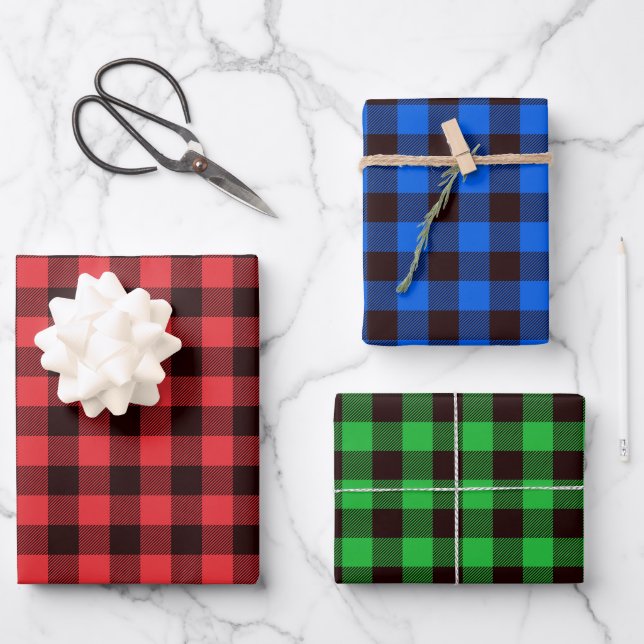 Red Blue Green Buffalo Plaid Checked Pattern Wrapping Paper Sheet (Front)