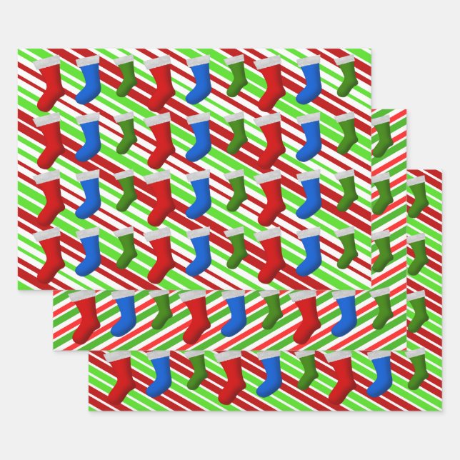 Red, Blue, Green Christmas Stockings & Stripes Wrapping Paper Sheet (Set)