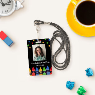Red Blue Green Crayons Stars School Teacher ID ID Badge