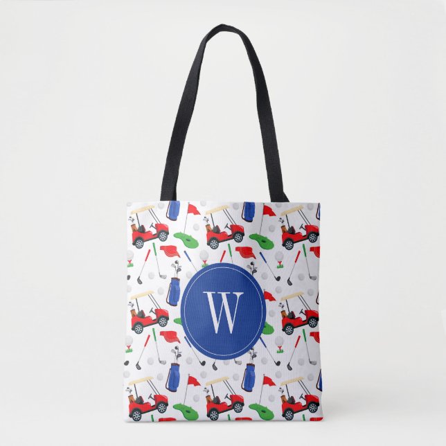Red Blue & Green Golf Monogram Tote Bag (Front)