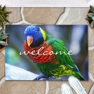 Red Blue Green Lorikeet Bird Photo Welcome Script Doormat