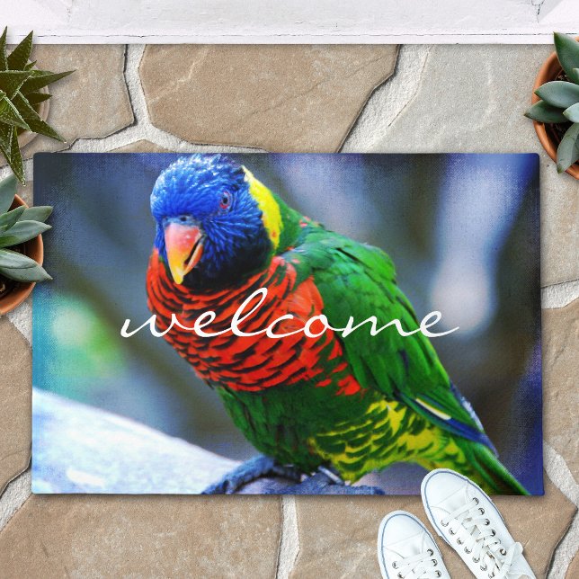Red Blue Green Lorikeet Bird Photo Welcome Script Doormat (Creator Uploaded)