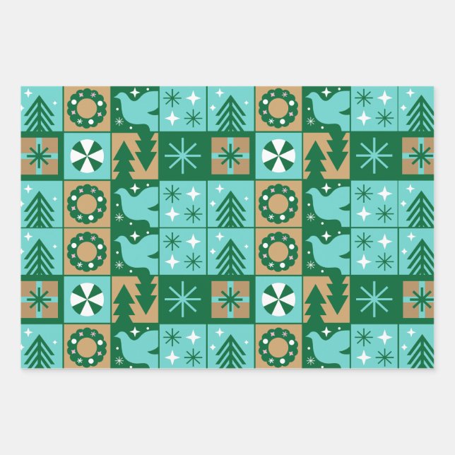 Red Blue Green Pink Brown Christmas Pattern  Wrapping Paper Sheet (Front)