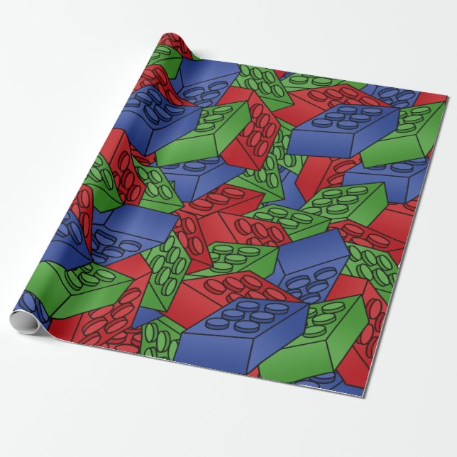 Red, Blue, Green Plastic Building Blocks Wrapping Paper (Unrolled)