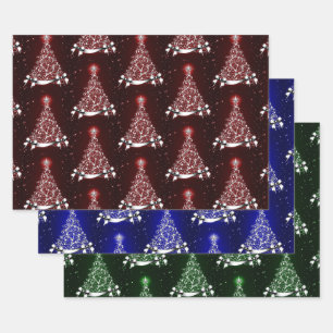 Red Blue & Green Silver Tree Motif Wrapping Paper Sheet