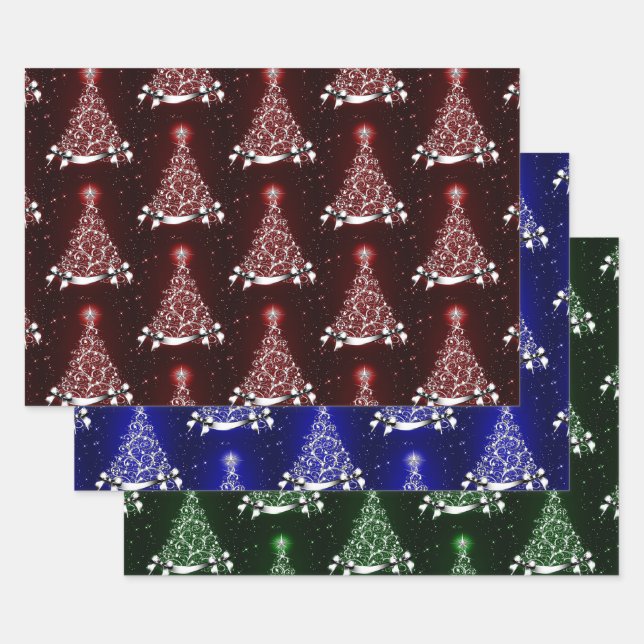Red Blue & Green Silver Tree Motif Wrapping Paper Sheet (Set)