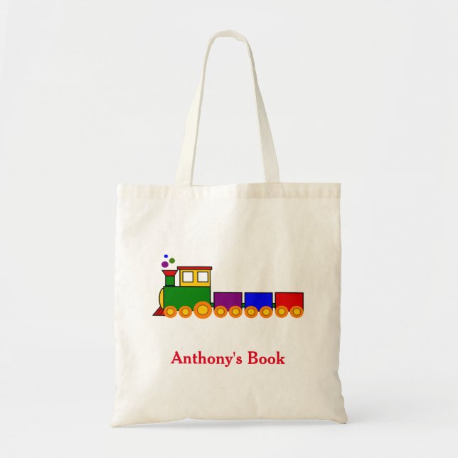 Red Blue Green train kids named library Tote Bag (Front)
