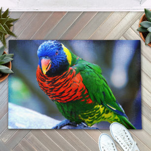 Red blue green yellow bird close-up photo modern doormat