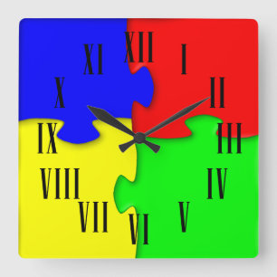 Red Blue Green Yellow Jigsaw Pieces Roman Numerals Square Wall Clock