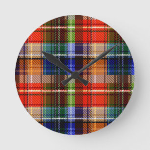 Red Blue Green Yellow Plaid Tartan Design Round Clock