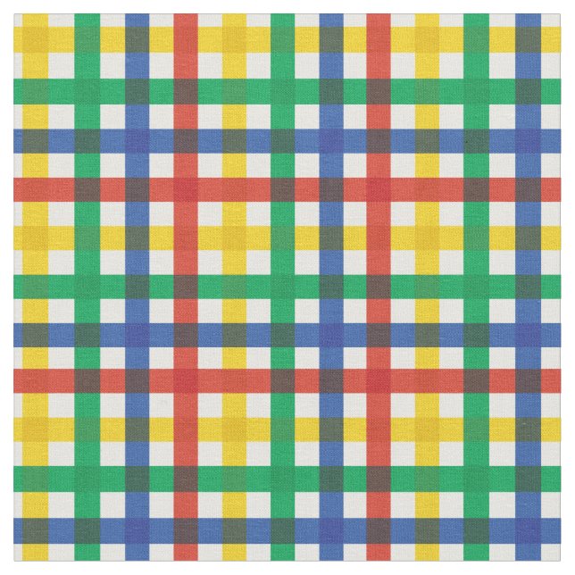 Red, Blue, Green & Yellow Summer Rainbow Plaid Fabric (Close Up)