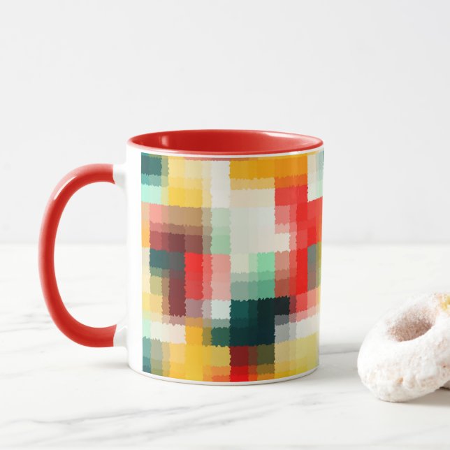 Red Blue Green Yellow White Abstract Pattern Mug (With Donut)