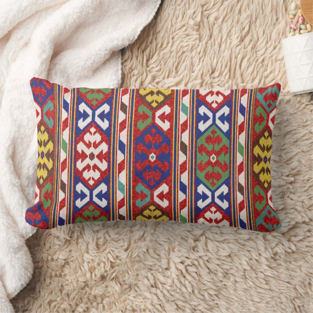 Red Blue Green Yellow White Oriental Kilim Rug Lumbar Cushion (Blanket)