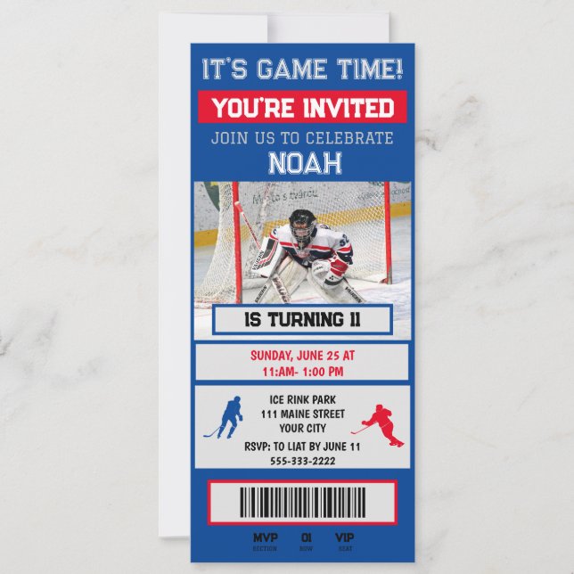 Red &blue Hockey goalie Ticket Party Invitation (Front)