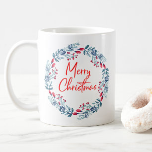 Red Blue Holly Leaves Wreath Merry Christmas Coffee Mug