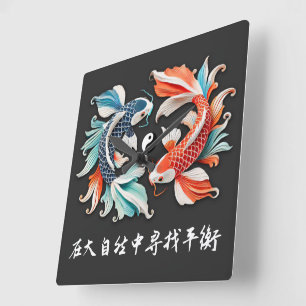 Red & Blue Koi Prosperity Yin Yang Square Wall Clock