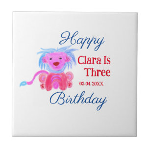 RED BLUE LION WILD ANIMAL BIRTHDAY THREE ADD NAME CERAMIC TILE