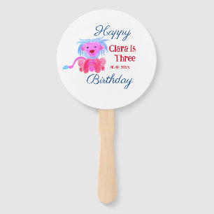 RED BLUE LION WILD ANIMAL BIRTHDAY THREE ADD NAME HAND FAN