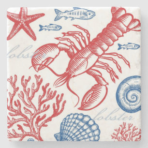 Red Blue Lobster Coral & Shells Stone Coaster