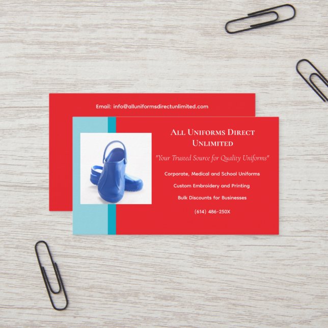  Red  Blue Medical Clogs Uniform Business Card (Front/Back In Situ)