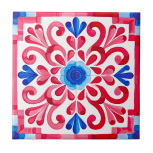 Red & Blue Mexican Traditional Floral Talavera Ceramic Tile