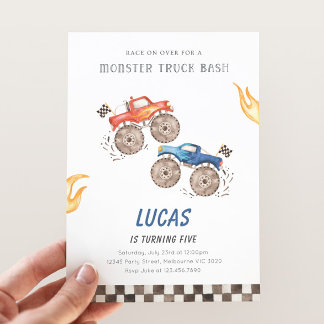 Red & Blue Monster Truck Birthday Any Age Invitation