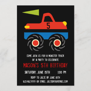 Red Blue Monster Truck Birthday Party Invitations