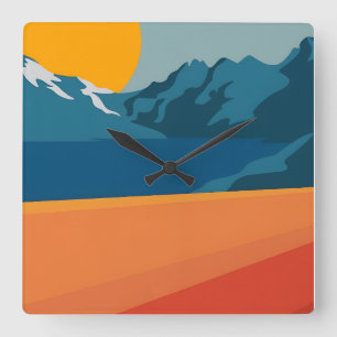 Red & Blue Mountain Landscape – Retro Outdoor Adve Square Wall Clock