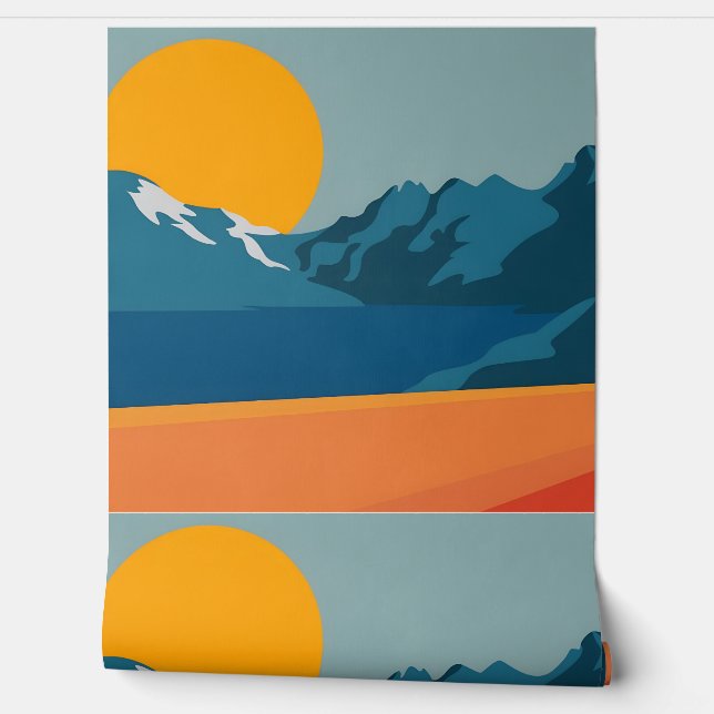 Red & Blue Mountain Landscape – Retro Outdoor Adve Wallpaper (Unrolling)