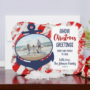 Red & Blue Nautical Anchor Christmas Greeting Card