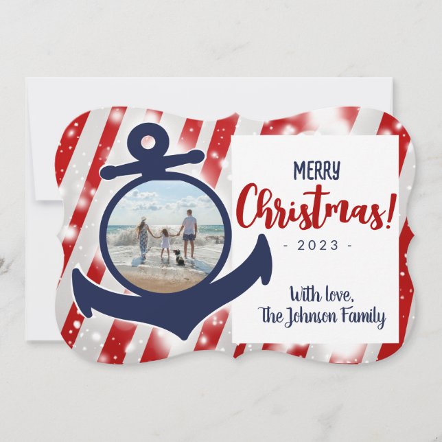 Red & Blue Nautical Anchor Merry Christmas Card (Front)