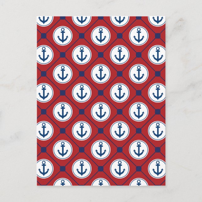 Red Blue Nautical Anchor Pattern Postcard (Front)