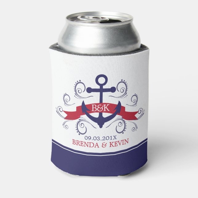 Red & Blue Nautical Anchor Swirly Accents Can Cooler (Can Back)