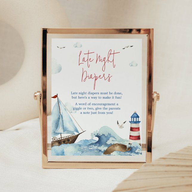 Red Blue Nautical Baby Shower Late Night Diapers Poster (Ahoy It’s A Boy Baby Shower Late Night Diapers Sign)