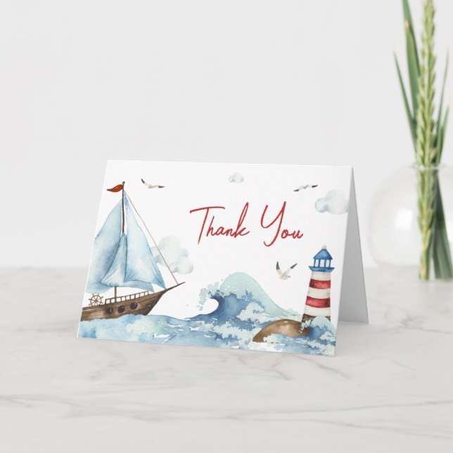 Red Blue Nautical Baby Shower  Thank You Card (Front)