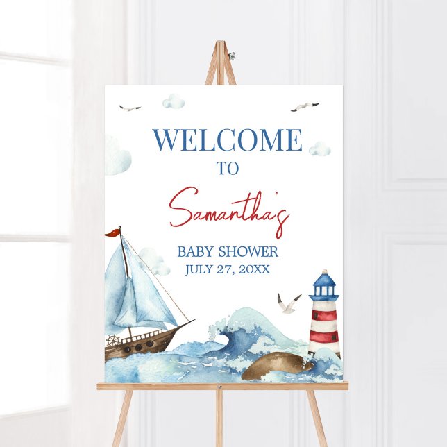 Red Blue Nautical Baby Shower Welcome Poster (Ahoy It’s A Boy Baby Shower Welcome Sign)