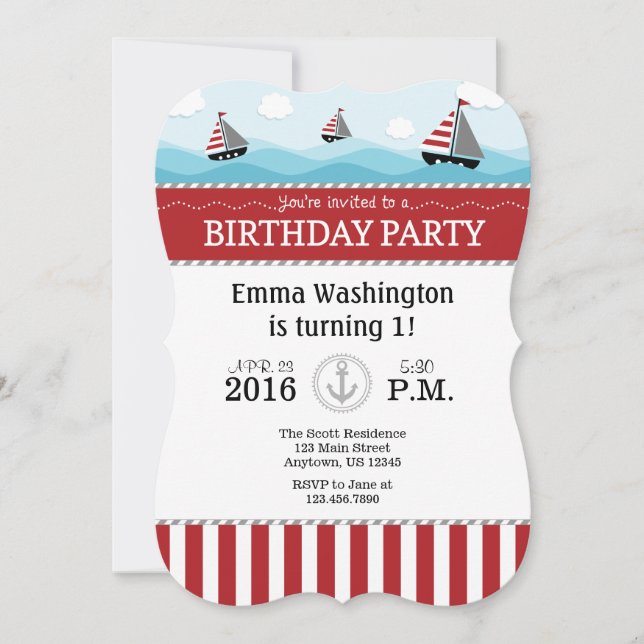 Red Blue Nautical Birthday Invitation (Front)