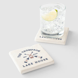Red Blue Nautical Oars Crab Lake House Name Stone Coaster