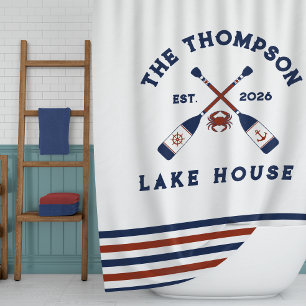 Red & Blue Nautical Oars Crab Striped Lake House Shower Curtain